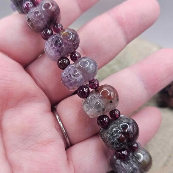 Nature Auralite 23 Hand Carved Pi Xiu Purple Garnet Feng Shui Bracelet - Picture 10 of 10